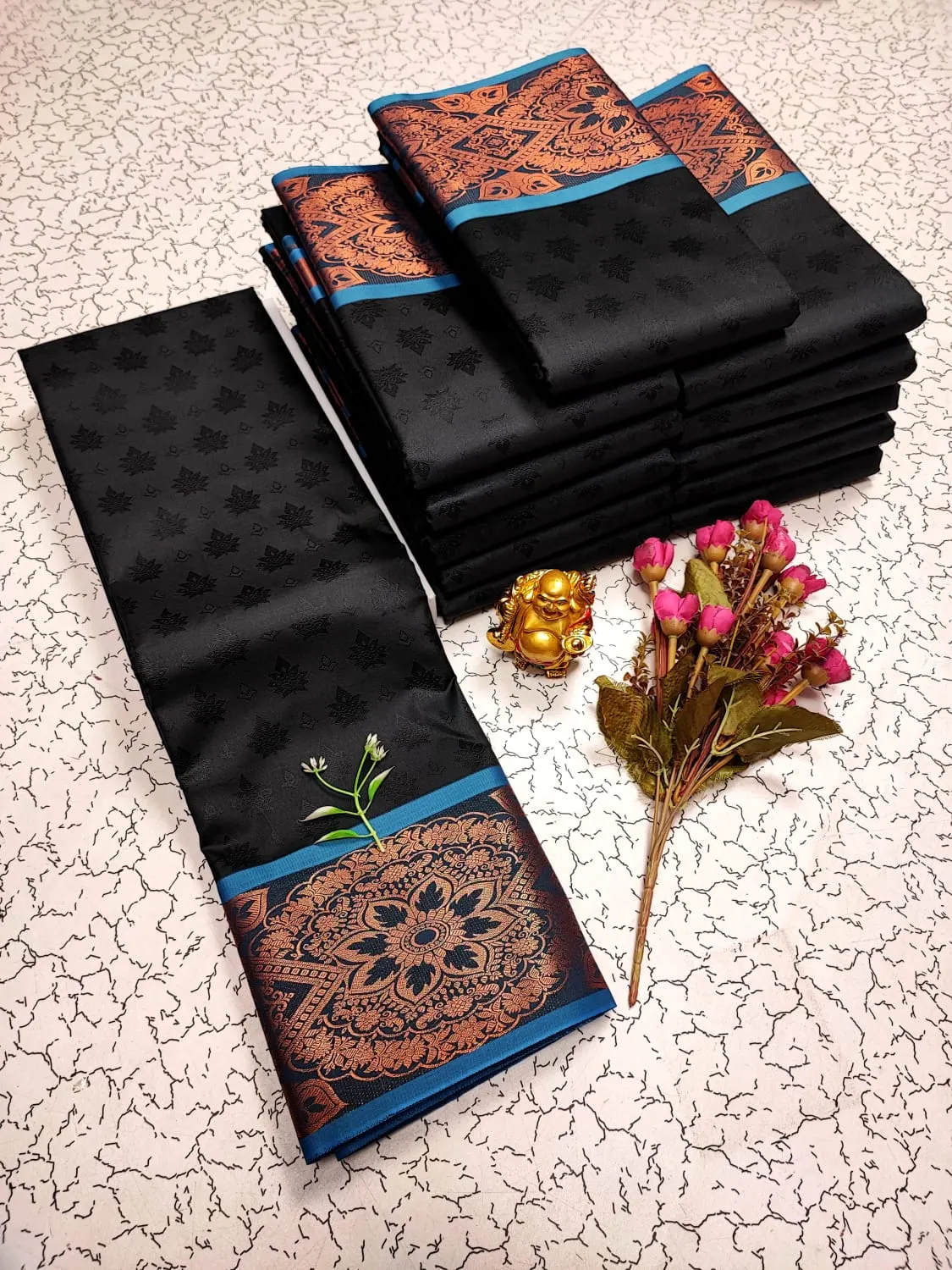 Black with Peacock Blue Border Copper Zari Soft Silk Saree